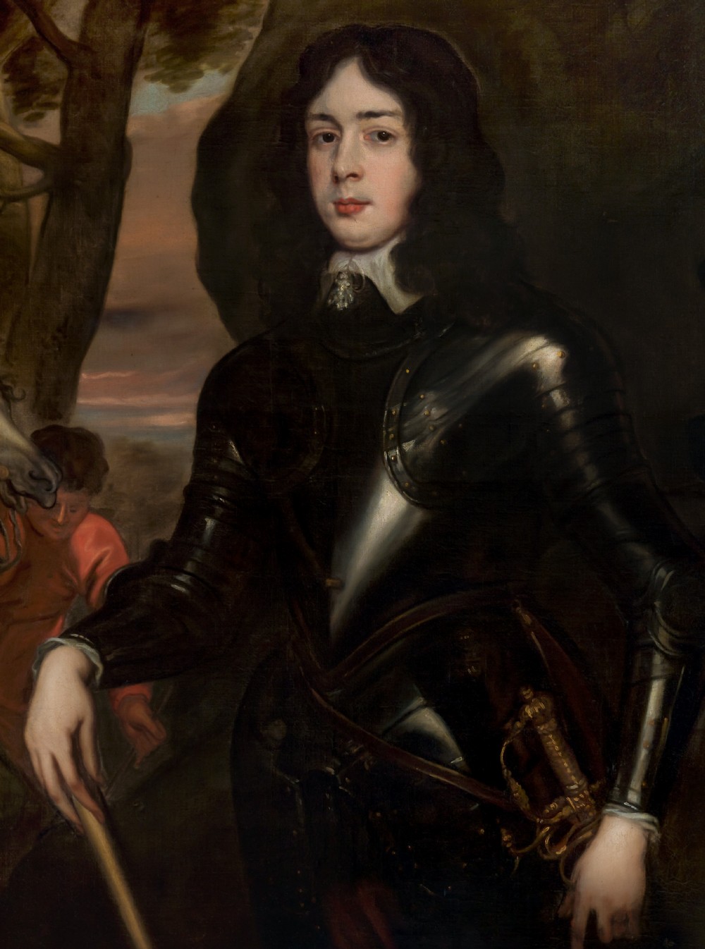 A seventeenth-century oil painting on canvas depicting a military officer in dark armour with a horse and groom in the background, set within a carved gold frame. View V