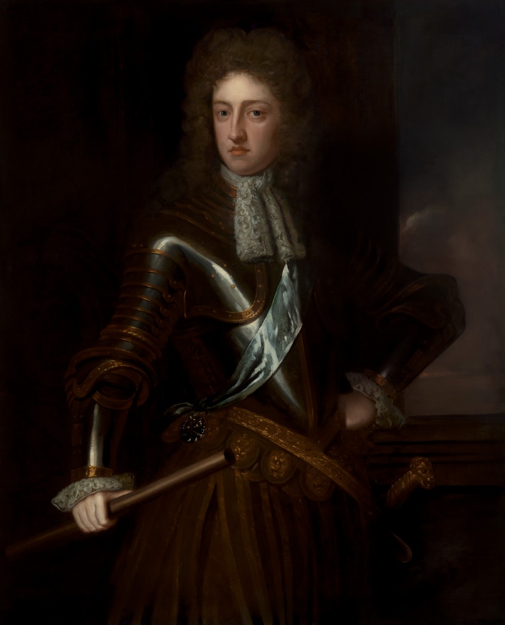 A late seventeenth-century oil portrait of a nobleman wearing full plate armour and a lace cravat, set within a carved gilded frame. View III