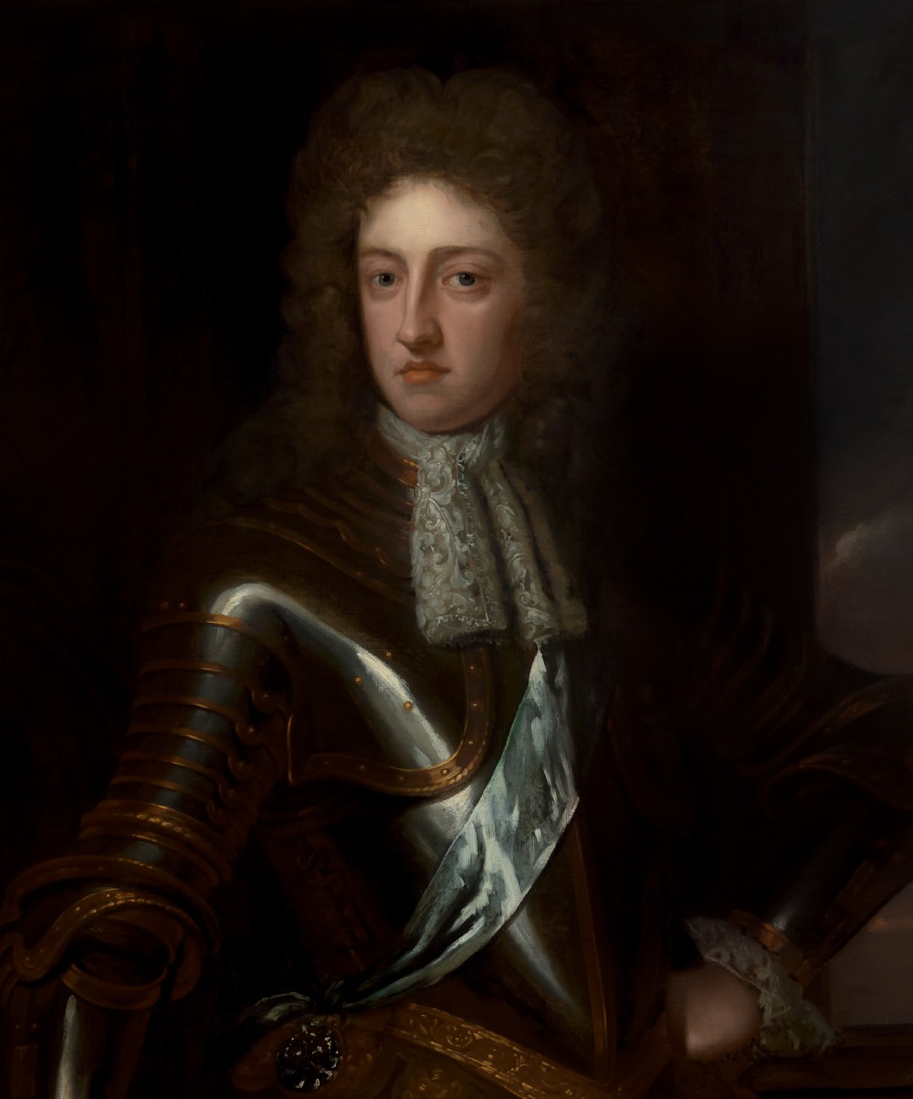 A late seventeenth-century oil portrait of a nobleman wearing full plate armour and a lace cravat, set within a carved gilded frame. View IV