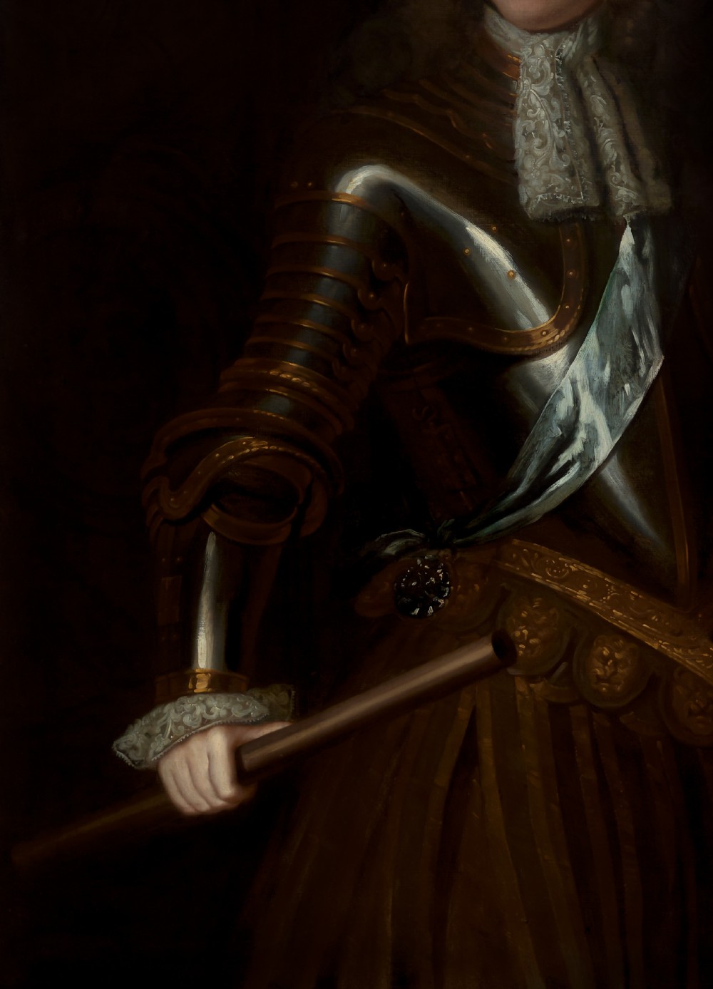 A late seventeenth-century oil portrait of a nobleman wearing full plate armour and a lace cravat, set within a carved gilded frame. View V