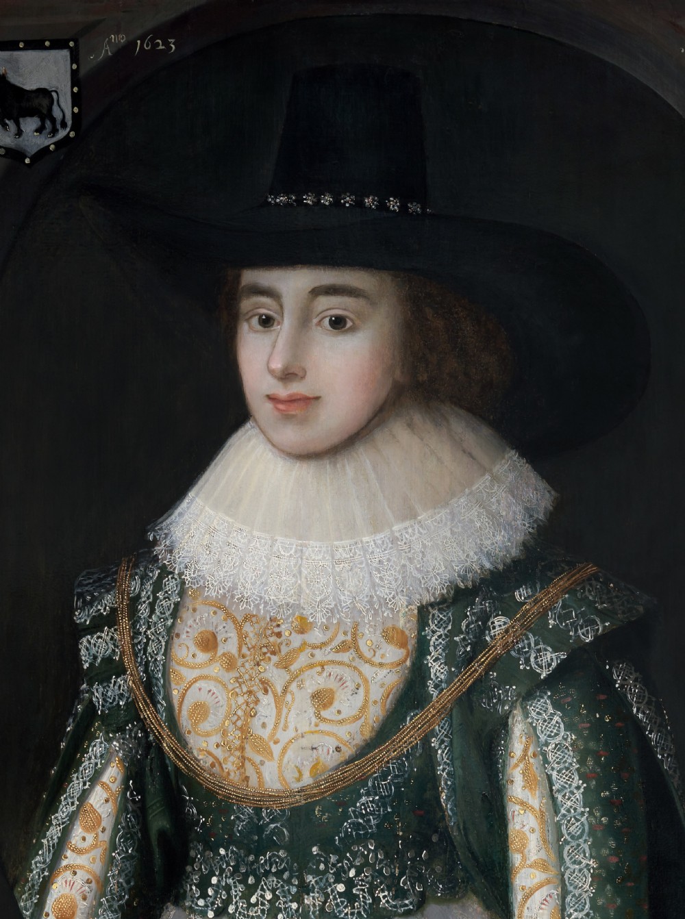 A seventeenth-century oil painting on panel featuring a woman in a wide-brimmed black hat, white lace ruff collar, and green embroidered gown within a feigned oval frame. View VII