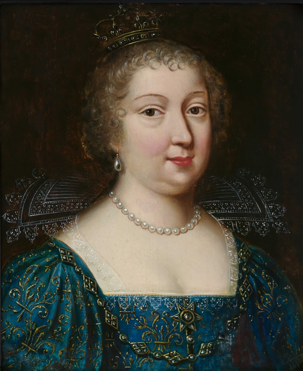 A 17th-century oil portrait painting on wood panel depicting Maria Therese of Spain in an embroidered blue dress with a lace collar, set within a wide ebonised frame. View II