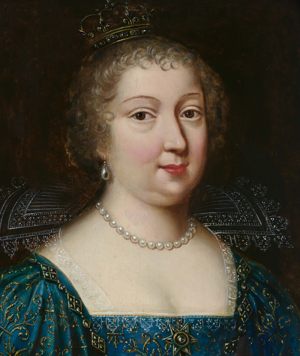 A 17th-century oil portrait painting on wood panel depicting Maria Therese of Spain in an embroidered blue dress with a lace collar, set within a wide ebonised frame. View III