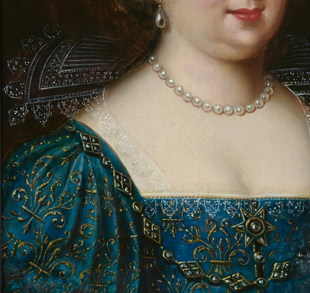 A 17th-century oil portrait painting on wood panel depicting Maria Therese of Spain in an embroidered blue dress with a lace collar, set within a wide ebonised frame. View IV