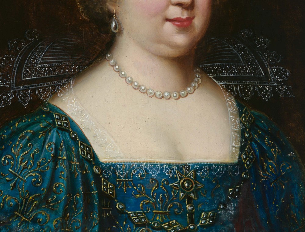 A 17th-century oil portrait painting on wood panel depicting Maria Therese of Spain in an embroidered blue dress with a lace collar, set within a wide ebonised frame. View V