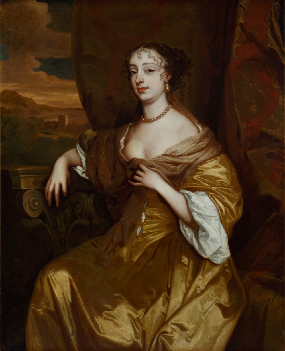 A 17th-century oil painting depicting a seated woman in a gold satin dress within a carved giltwood frame surmounted by a coronet. View VII
