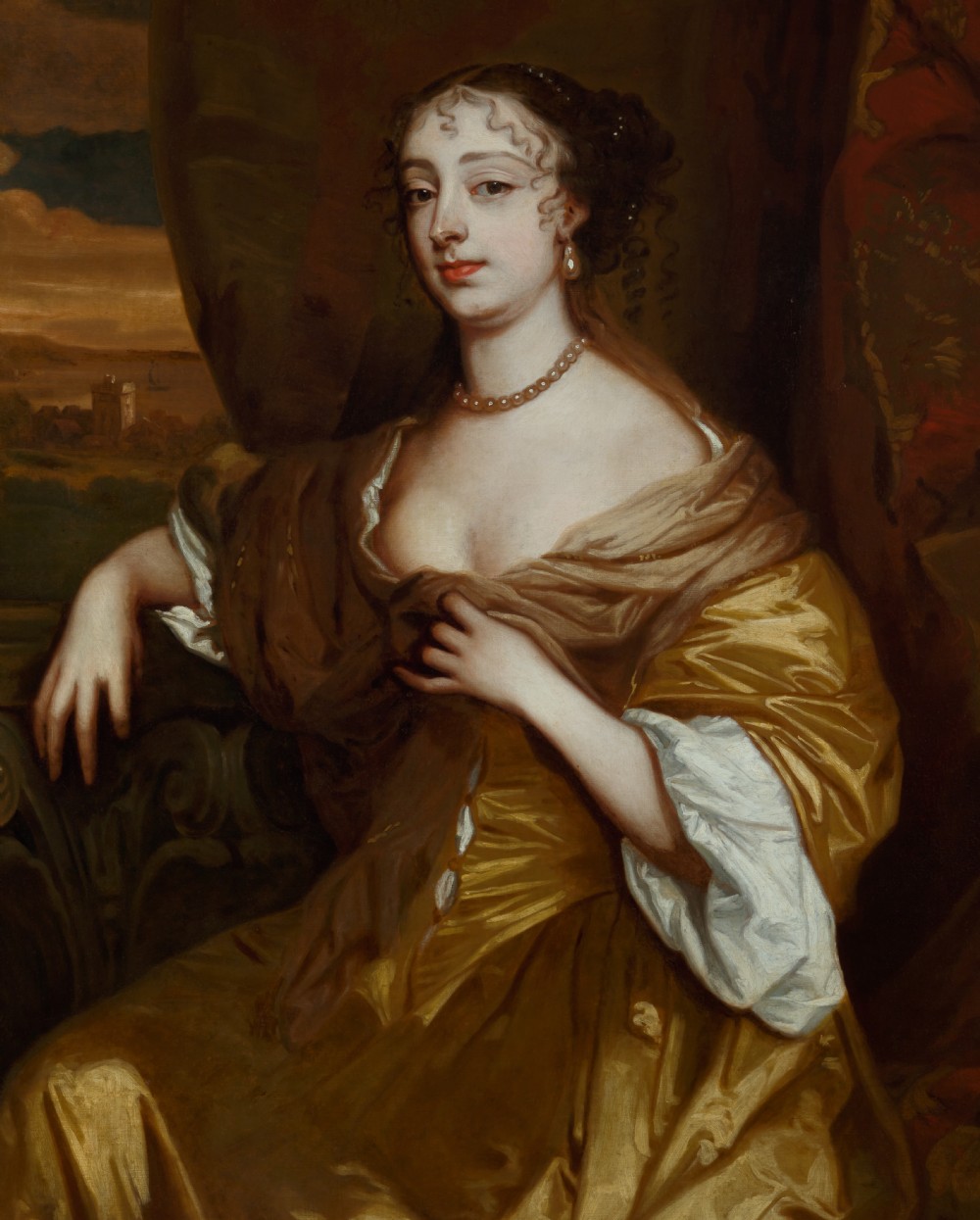 A 17th-century oil painting depicting a seated woman in a gold satin dress within a carved giltwood frame surmounted by a coronet. View VIII