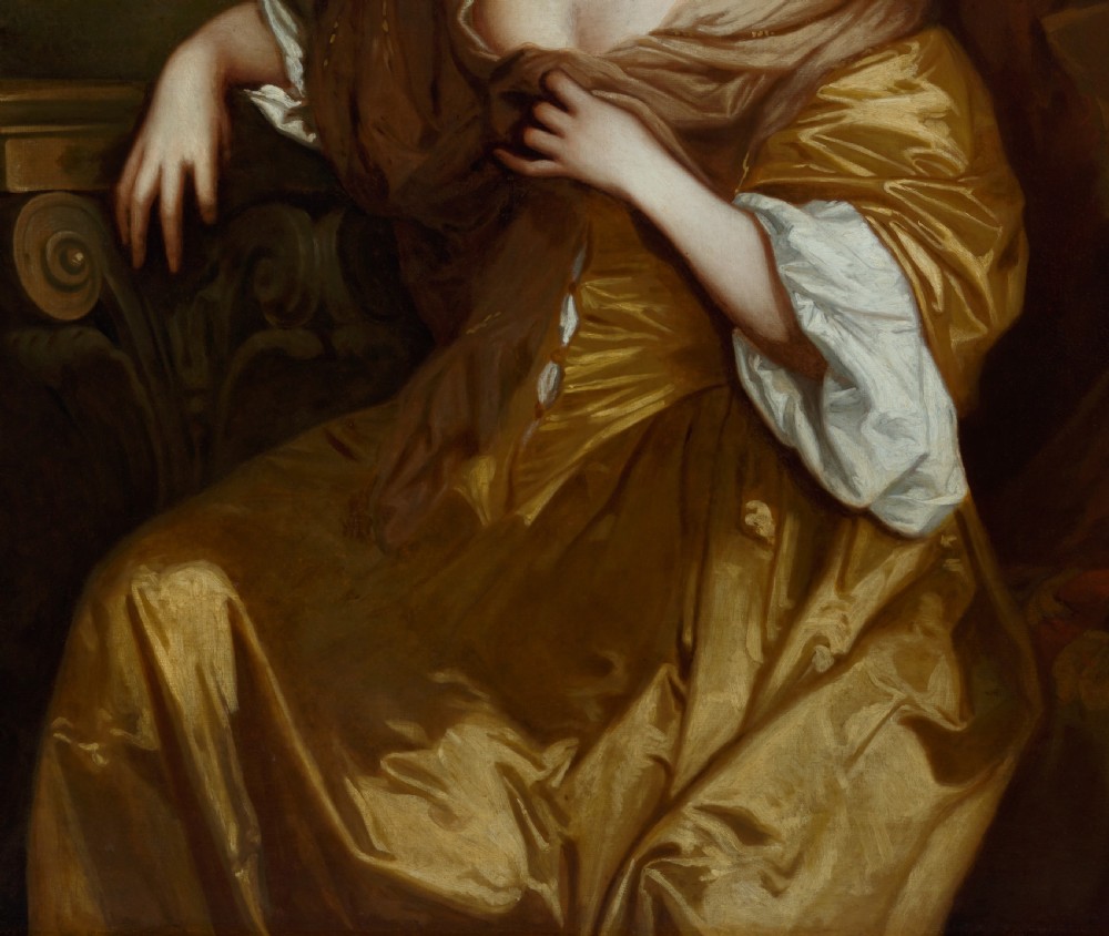 A 17th-century oil painting depicting a seated woman in a gold satin dress within a carved giltwood frame surmounted by a coronet. View IX