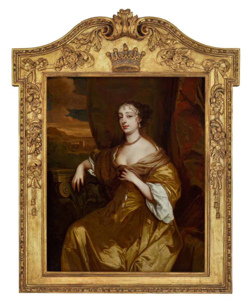 A 17th-century oil painting depicting a seated woman in a gold satin dress within a carved giltwood frame surmounted by a coronet.