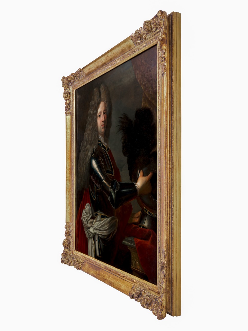An 18th-century oil painting on canvas depicting a gentleman in plate armour and a full wig within a carved gold gilt frame. View III