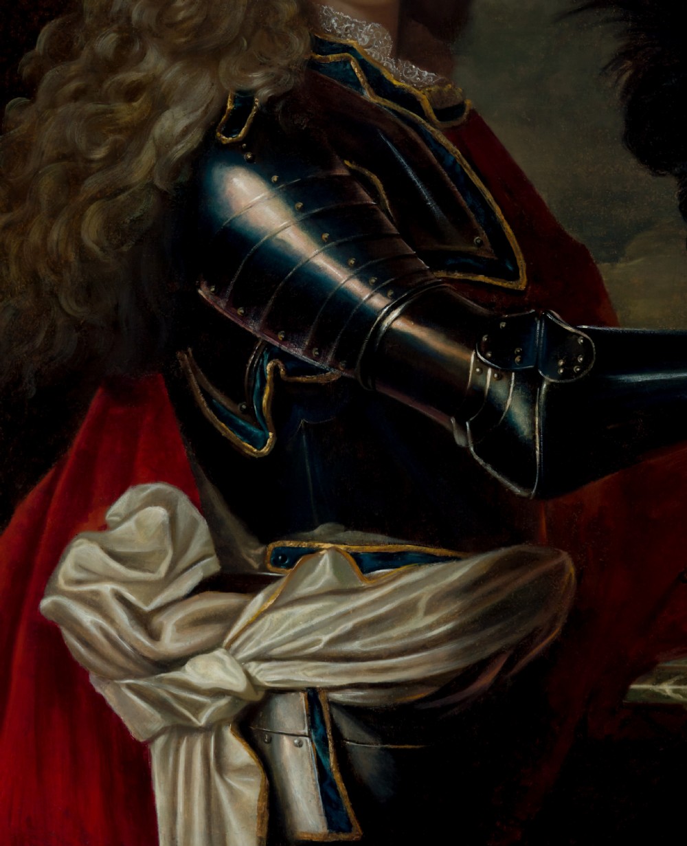 An 18th-century oil painting on canvas depicting a gentleman in plate armour and a full wig within a carved gold gilt frame. View VI