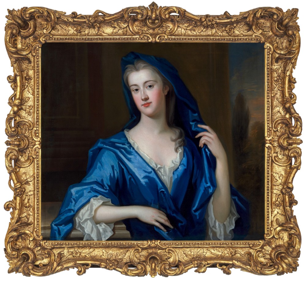 An eighteenth-century oil portrait of a lady draped in a blue mantle, set within an intricate carved giltwood frame.