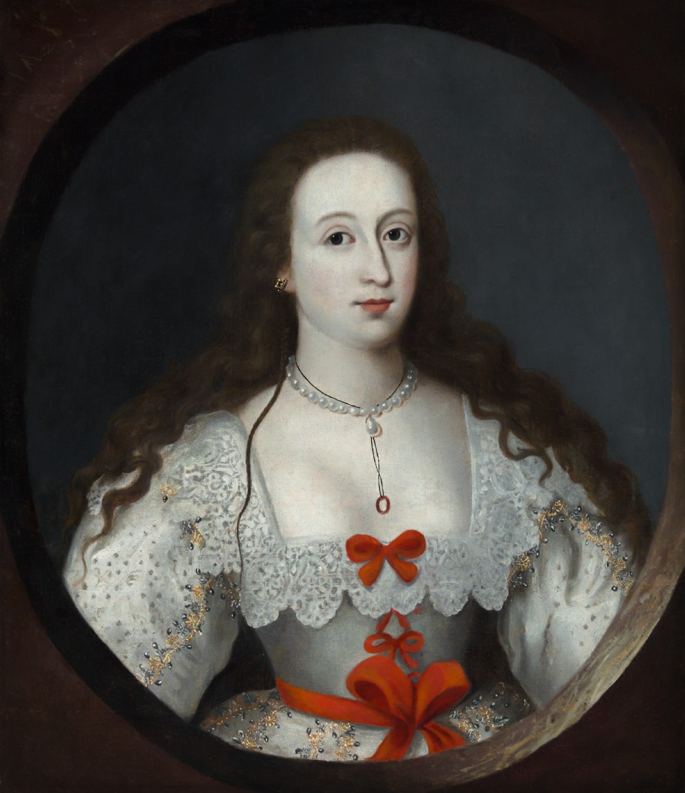 A 17th-century Jacobean oil portrait depicting a lady with long dark hair in a white lace dress with red ribbon bows, framed in dark wood. View II