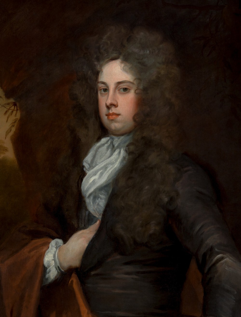 An 18th-century oil portrait depicting a young man in a wig and dark coat within an ornate gold gilt frame. View VII