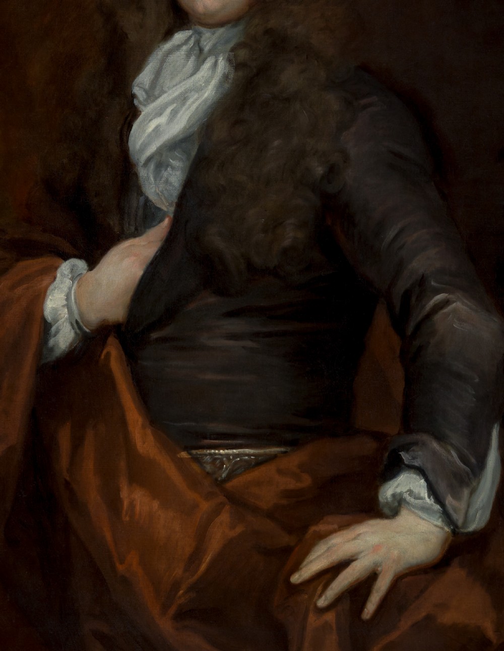 An 18th-century oil portrait depicting a young man in a wig and dark coat within an ornate gold gilt frame. View IX