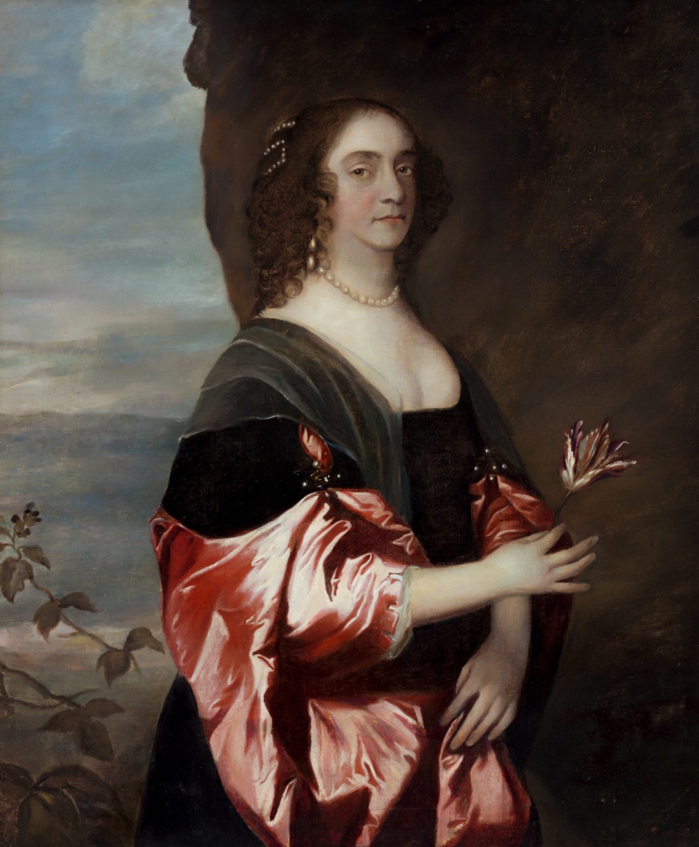 A seventeenth-century oil portrait of a lady wearing a black dress with red satin sleeves and pearls, housed in a carved gilded frame. View II