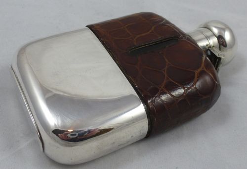 c1900 silver plated and crocodile skip hip flask - CATEGORY: ANTIQUE SILVER - DATED 1900