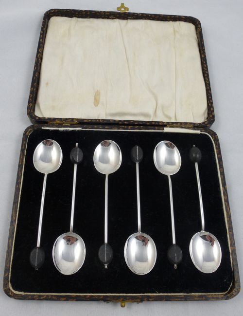 1930's cased set of six hallmarked sterling silver coffee spoons by william suckling ltd - CATEGORY: ANTIQUE SILVER - DATED 1930