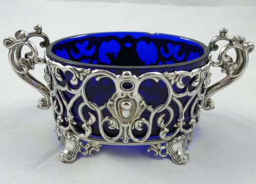 french mid c19th emile hugo 950 standard solid silver condiment dish with blue liner - CATEGORY: ANTIQUE SILVER - DATED 19TH CENTURY