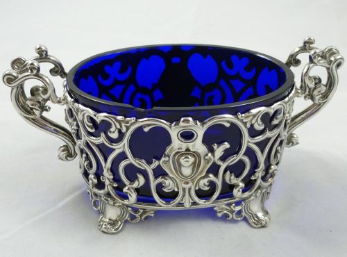 FRENCH MID C19TH EMILE HUGO 950 STANDARD SOLID SILVER CONDIMENT DISH WITH BLUE LINER - ADDITIONAL PHOTO 1