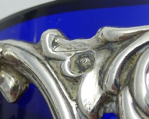 FRENCH MID C19TH EMILE HUGO 950 STANDARD SOLID SILVER CONDIMENT DISH WITH BLUE LINER - ADDITIONAL PHOTO 5