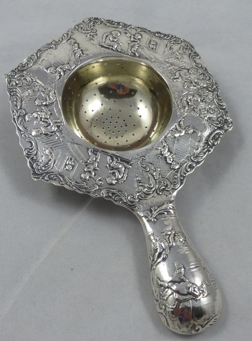 late c19thearly c20th german hannau solid silver tea strainer by gebruder dingeldein - CATEGORY: ANTIQUE SILVER - DATED 1860