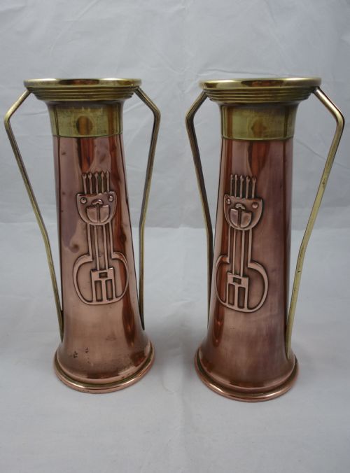 Pair of Jugendstil Copper and Brass Twin Handled Vases Made C1900 by Gebruder Bing