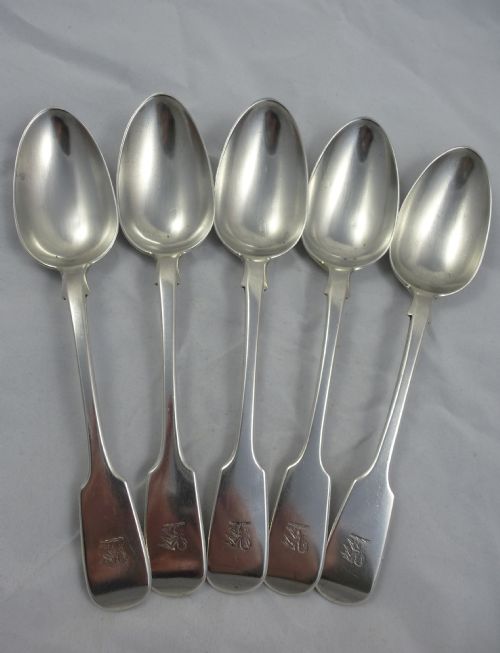 a set of five earlymid victorian fiddle pattern table spoons made in 18567 by elizabeth eaton - CATEGORY: ANTIQUE SILVER - DATED VICTORIAN