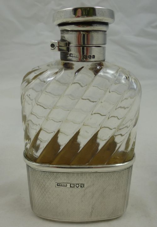 an edwardian hallmarked sterling silver and glass hip flask by mosley flowers co - CATEGORY: ANTIQUE SILVER - DATED 1910
