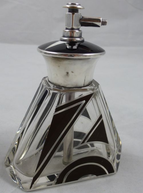 an american art deco sterling silver glass perfume atomizer bottle - CATEGORY: ANTIQUE GLASS - DATED 1920