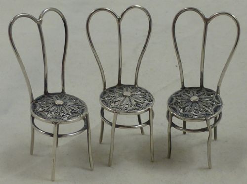 Set of Three Continental Silver Filigree Miniature Chairs
