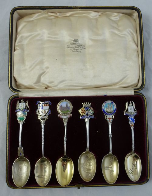 cased set of six sterling silver souvenir spoons - CATEGORY: ANTIQUE SILVER - DATED 1910
