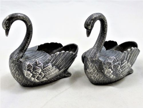 pair of victorian silver plated swan salts - CATEGORY: ANTIQUE METAL - DATED VICTORIAN