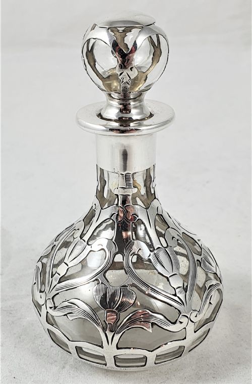 american art nouveau glass silver perfume bottle - CATEGORY: ANTIQUE GLASS - DATED EDWARDIAN