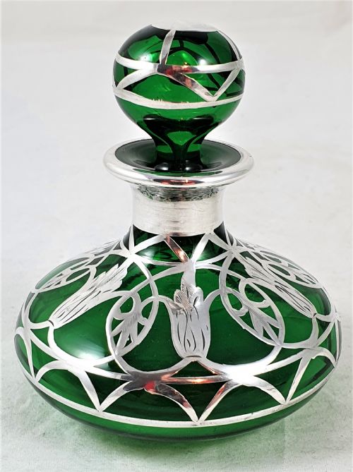 american art nouveau glass silver perfume bottle - CATEGORY: ANTIQUE GLASS - DATED EDWARDIAN