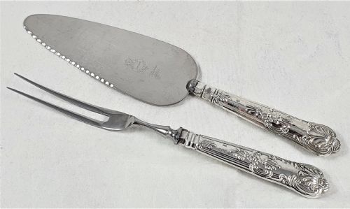 silver handled cake slice and carving fork - CATEGORY: ANTIQUE SILVER - DATED 1960