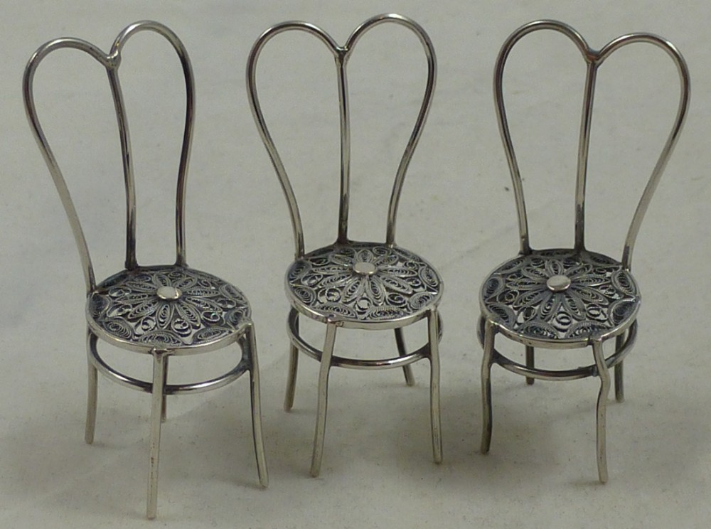 Set of Three Continental Silver Filigree Miniature Chairs