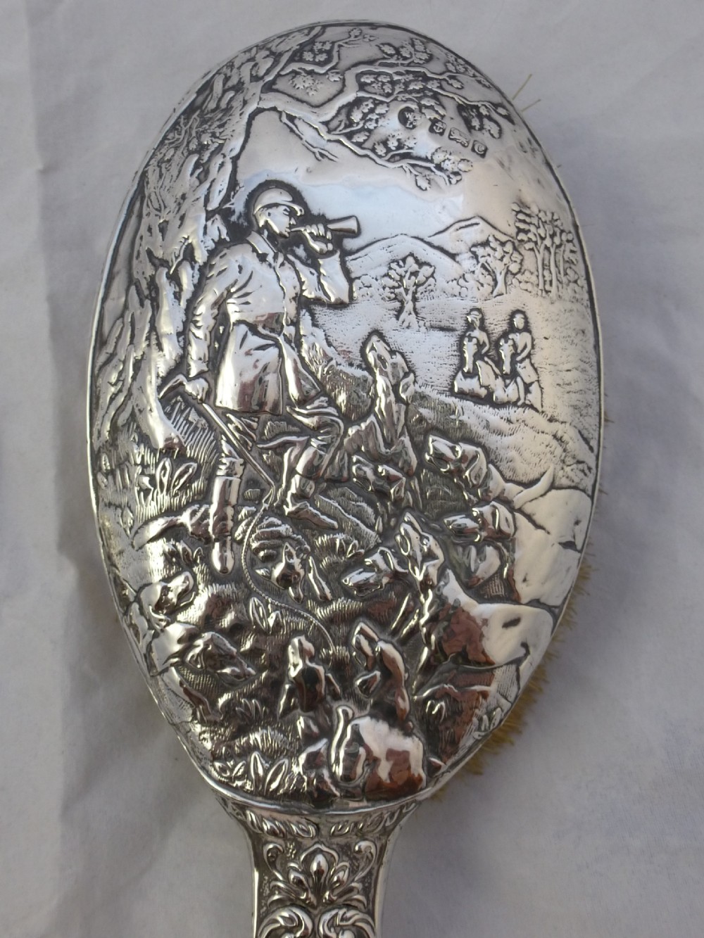 Edwardian Hallmarked Sterling Silver Hunting Mirror and Brush View III