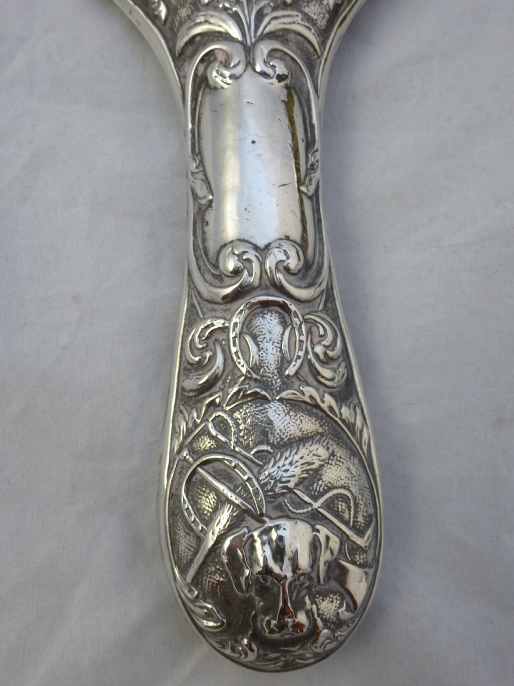 Edwardian Hallmarked Sterling Silver Hunting Mirror and Brush View IV