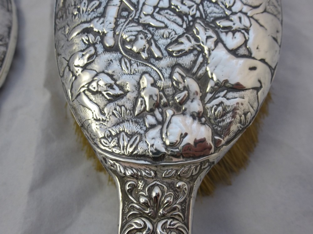 Edwardian Hallmarked Sterling Silver Hunting Mirror and Brush View X