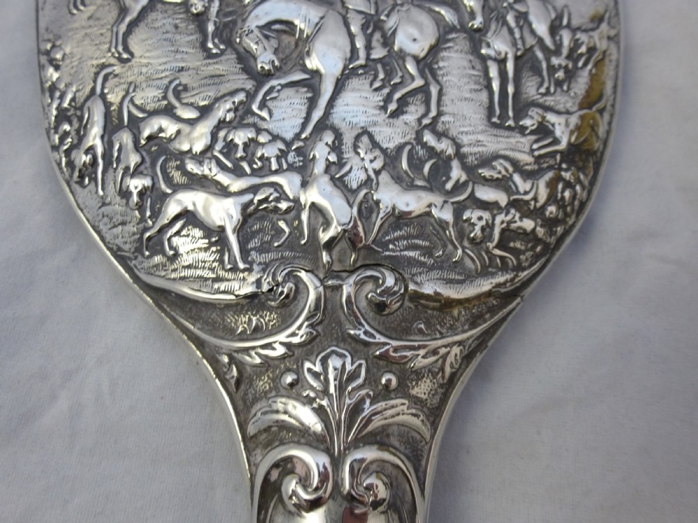 Edwardian Hallmarked Sterling Silver Hunting Mirror and Brush View XI