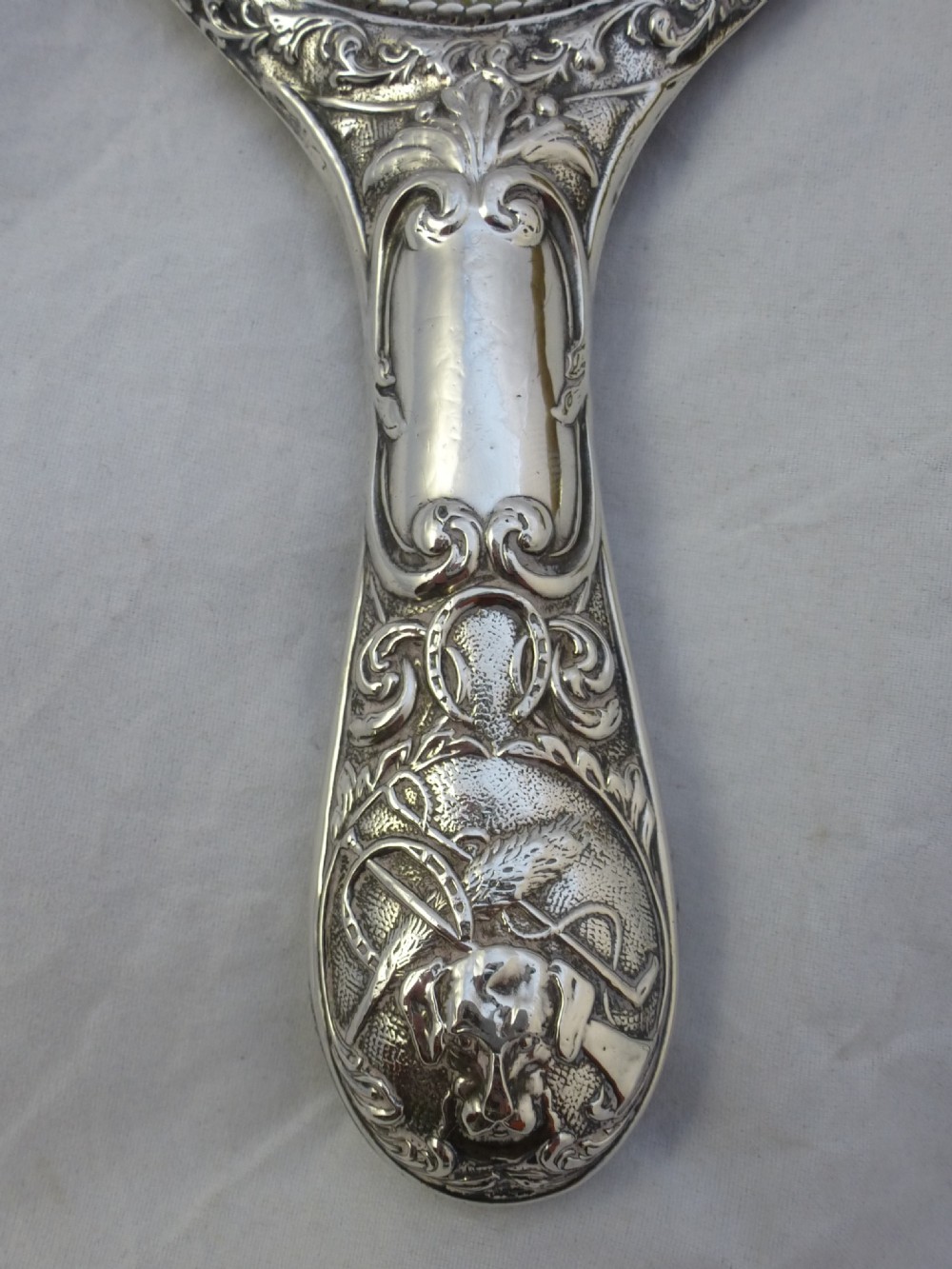 Edwardian Hallmarked Sterling Silver Hunting Mirror and Brush View XIV
