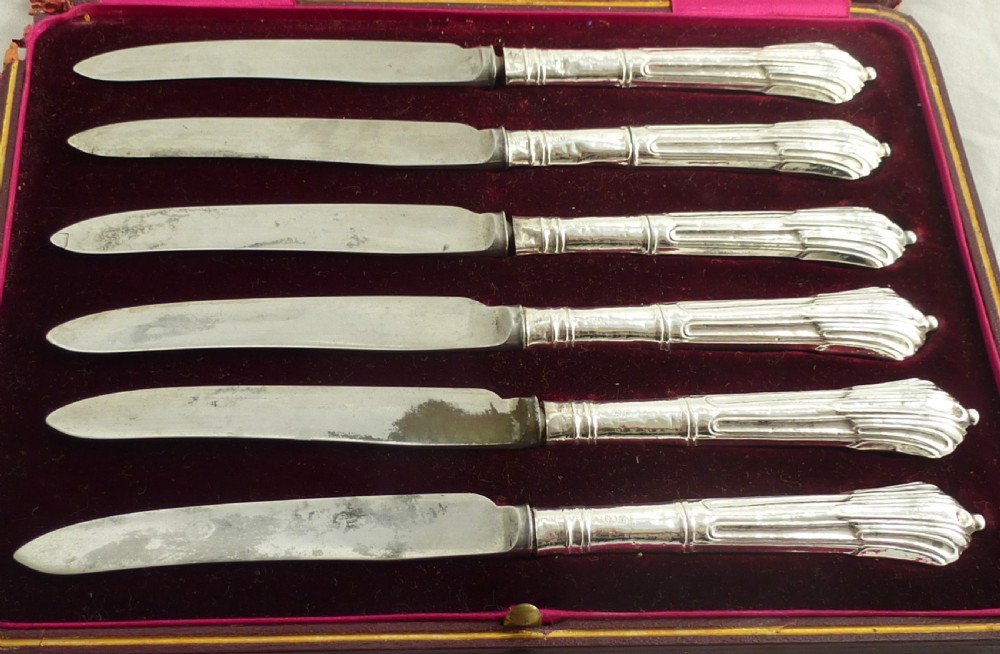 Cased Set Six Edwardian Silver Knives