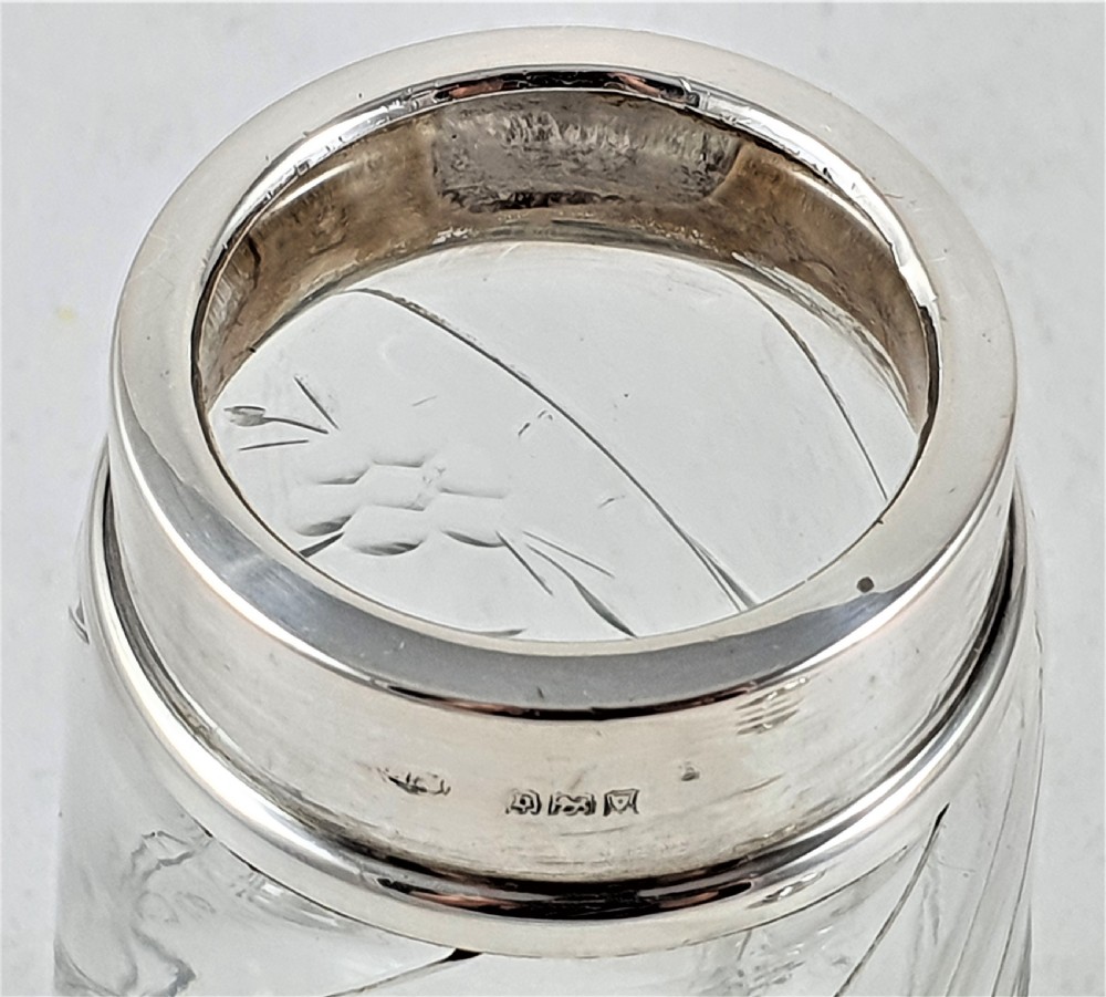 A tapered clear cut-glass sugar shaker featuring etched floral motifs and a domed, perforated silver cap. View XV