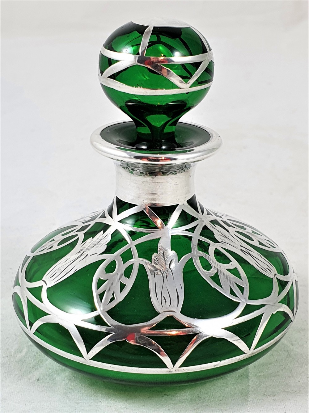 American Art Nouveau Glass & Silver Perfume Bottle
