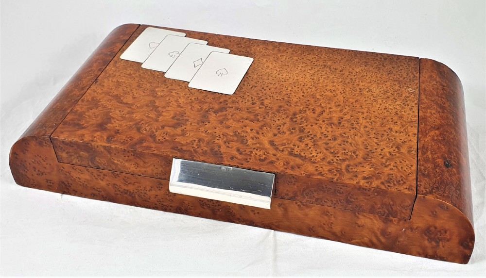 Italian Art Deco Burr Walnut & Silver Card or Games Box