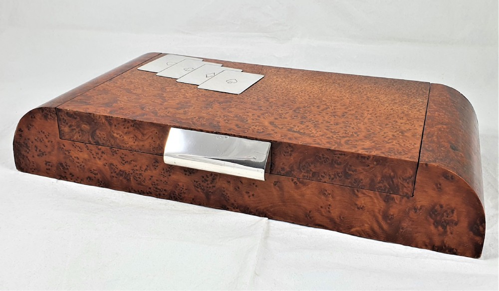 Italian Art Deco Burr Walnut & Silver Card or Games Box View VI