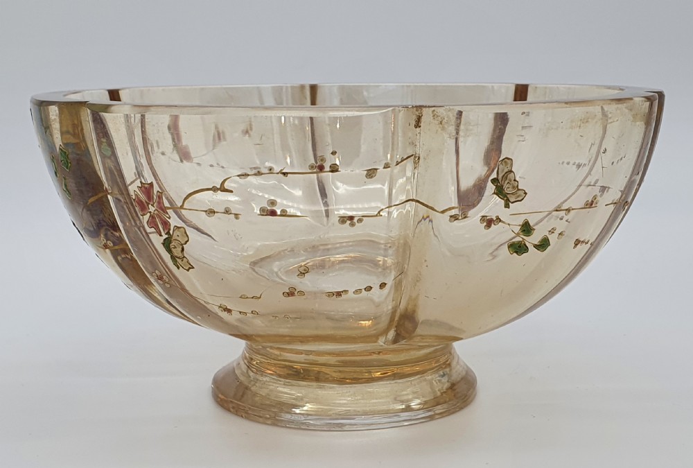 A footed amber crystal bowl featuring hand-enamelled Japanese-inspired floral motifs and geometric panels. View II