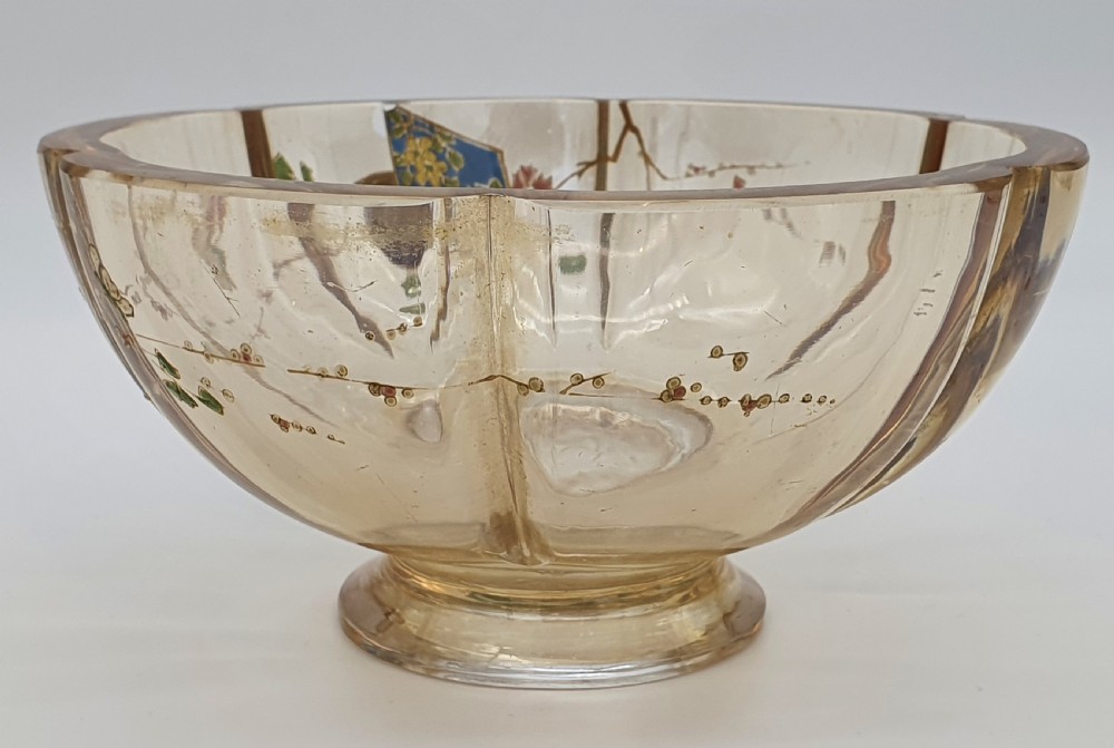 A footed amber crystal bowl featuring hand-enamelled Japanese-inspired floral motifs and geometric panels. View III