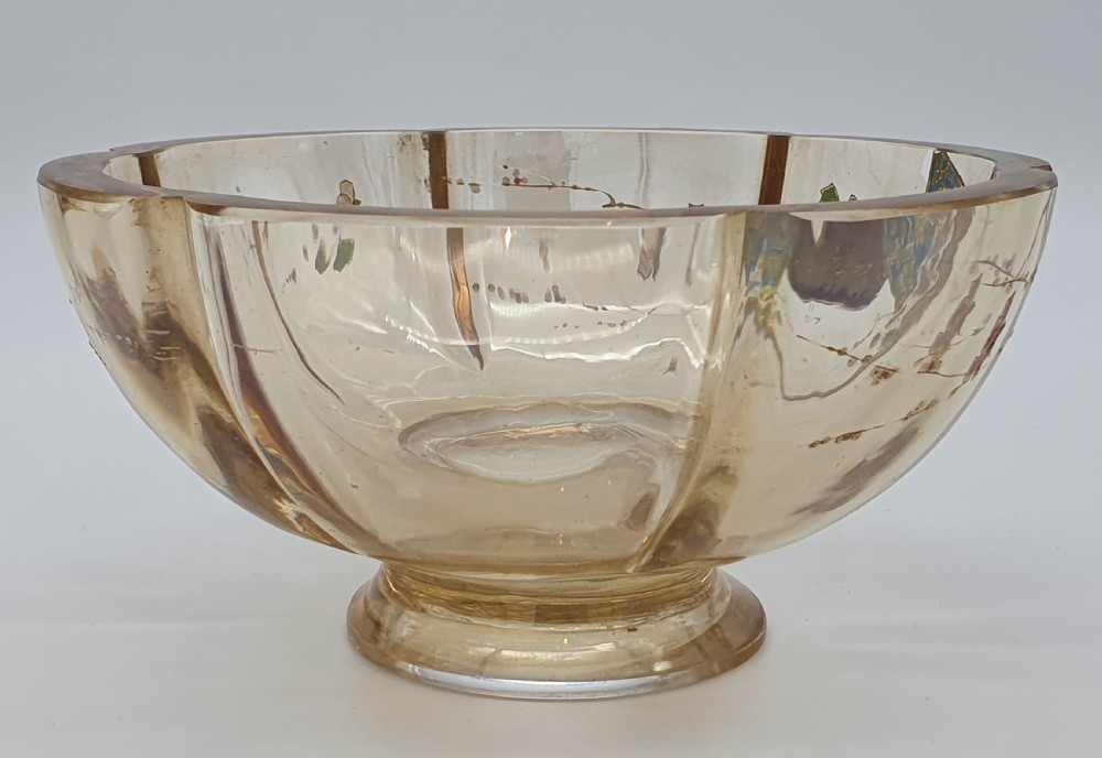 A footed amber crystal bowl featuring hand-enamelled Japanese-inspired floral motifs and geometric panels. View V